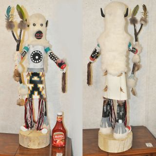 Hopi Kachina White Buffalo Mask 3 Feet Tall 36 " Pueblo Doll Wooden Base Statue