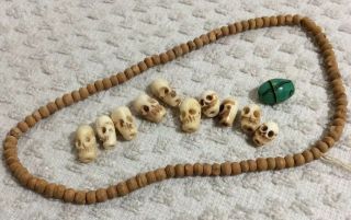 Rare Old Natural Bodhi Seed Tibetan Beads 10 Carved Yak Bone Skulls Buddist