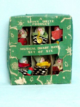 6 Shiny Brite Vtg Christmas Pinecone Musical Band Elf Dwarf Gnome Chenille Japan