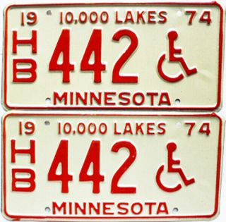 1974 Minnesota Disabled License Plates Pair Hb 442
