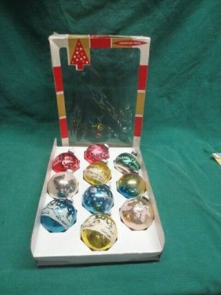 Vtg Box Of 10 Shiny Brite Glass Christmas Tree Ornaments Stencil Moon & Stars,