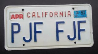 California Vanity License Plate " Pjf Fjf " Ca Paul Pete Pat Franklin Fred Fran