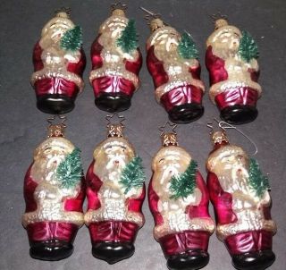 Vintage Mercury Glass Christmas Ornament Santa Carrying Tree - Set Of 8