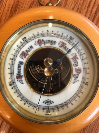 Vintage ATCO Barometer,  wood frame with thick glass face.  Made in Germany. 2