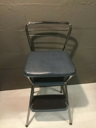 Mid Century Modern Cosco Kitchen Chrome Step Stool With Flip Up Blue Color Seat