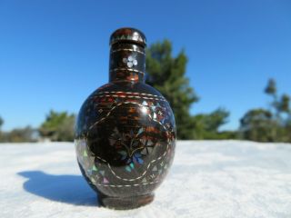Antique Chinese Snuff Bottle Black Lacquer With Mother Of Pearl Inlay