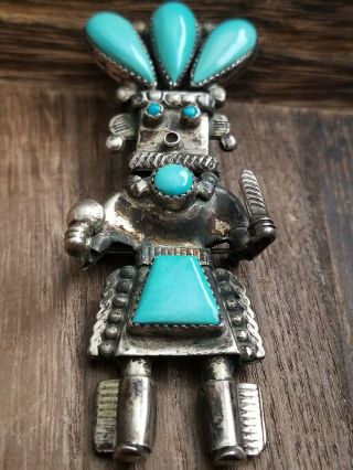 Alonzo Hustito Zuni Pueblo Turquoise Sterling Silver Kachina Pin Brooch Pendant