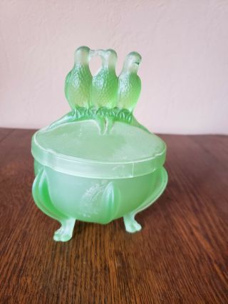 Vintage Green Satin Depression Glass Love Birds Powder Jar Or Trinket Art Deco