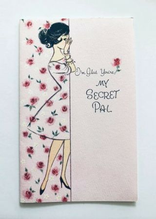 Vintage Rare Secret Admirer Greeting Card Pretty Girl Pink Rose Dress Vtg