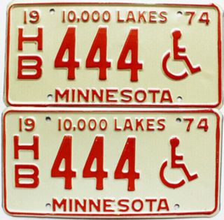 1974 Minnesota Disabled License Plates Pair Hb 444