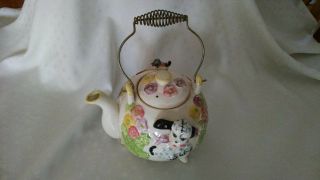 Vintage,  Ceramic Tea Pot With 3d Dog And Bird,  Metal Wire Handle,  Japan