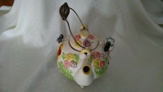 Vintage,  Ceramic Tea Pot with 3D Dog and Bird,  Metal wire handle,  Japan 2