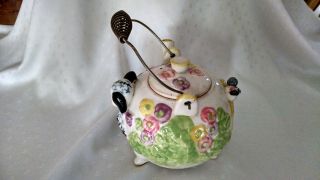 Vintage,  Ceramic Tea Pot with 3D Dog and Bird,  Metal wire handle,  Japan 4
