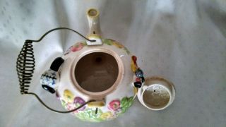 Vintage,  Ceramic Tea Pot with 3D Dog and Bird,  Metal wire handle,  Japan 6