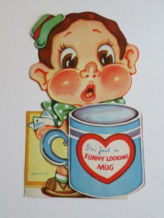 Vintage Valentine,  Folding,  Boy With Rosy Cheeks & A Mug