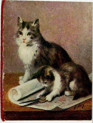 Jules Gustave Le Roy Vintage Christmas Card Cat & Kitten Playing With Scissors