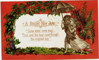 Prang Victorian Year Greetings Card Children Under Umbrella Girl With Doll