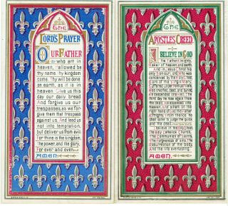 2 X Victorian Christmas Cards Religious Lords Prayer & Apostle Creed Stylised
