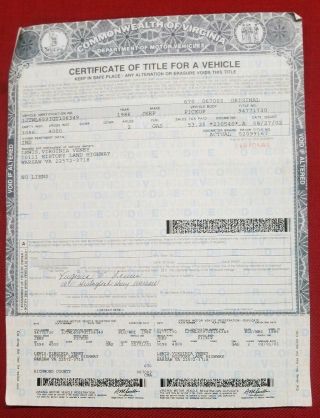 1986 Jeep Truck Certificate Of Title For Motor Vehicle Historical Doc.  Virginia