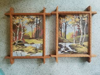 Two Vintage Paint By Number Paintings Birch Trees Woodland Scene Frames