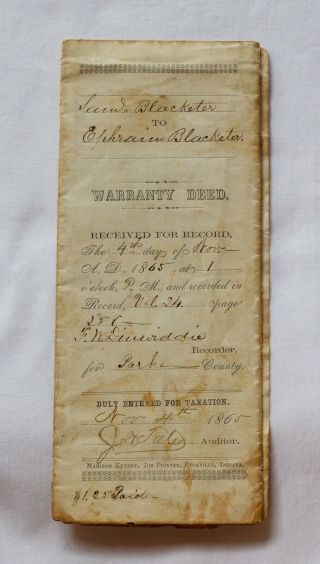 1865 Parke County,  In,  Real Estate Doc W/$1.  50 Revenue Stamp Signed C Vandaveer