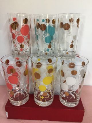 Mid Century Modern Vtg Tumblers Pink Yellow Gold Set Of 6 Atomic Circles Glasses