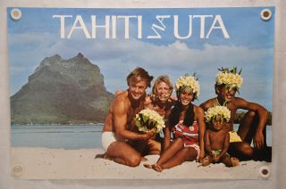Vintage 1980s " Tahiti Via Uta Airlines " Advertising Tourism Travel Poster 23 " X