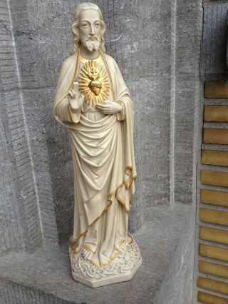 Antique Vintage French Plaster Jesus Christ Goldtone Sacred Heart Statue Figure