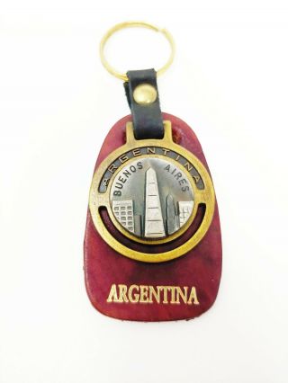Vintage Argentina Burgundy Leather Metal Keychain Key Ring Buenos Aires Obelisk