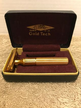 Antique Vintage 1940s Gillette Gold Tech 3 - Piece Razor With Case/box Cond.