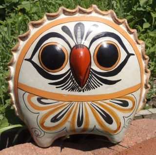 Vintage Tonala Mexico Pottery 8 " Owl Sculpture Statue Handpainted Folk Art