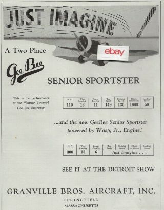 Granville Bros Aircraft Inc Springfield,  Mass 1931 Gee Bee Senior Sportster Ad