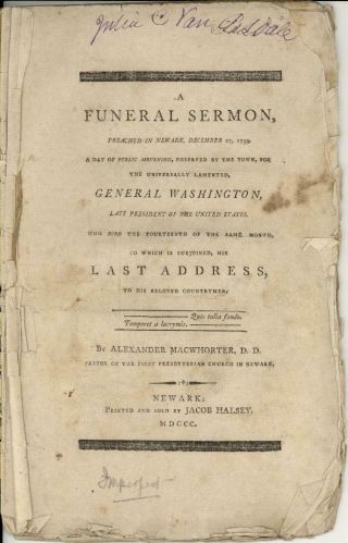George Washington Eulogy Pamphlet By Nj Pastor Alexander Macwhorter 1800