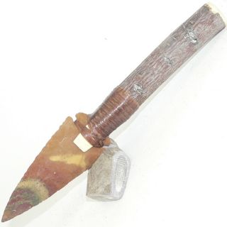 Medium Flint Knapped Agate Knife W/ Wooden Handle Stone Arrowhead Blade