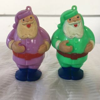 2 Vintage Rosbro Santa Claus Plastic Ornaments Purple Green
