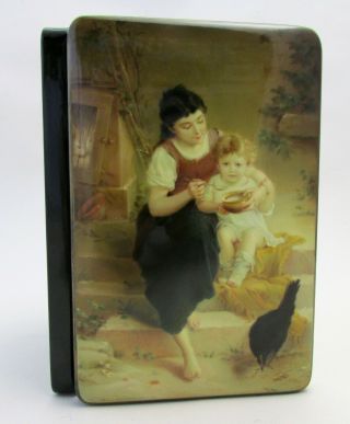 Russian Miniature Hand Painted Lacquer Box Fedoskino Woman Feeding Her Child