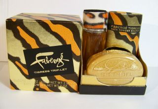 Faberge Tigress Triplet Boxed Set Cologne (1 Fl Oz),  Powder (2 Oz),  Soap Vtg
