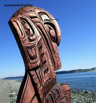 Northwest Coast First Nations Native Wooden Art Carving: Raven Salmon,  Signed