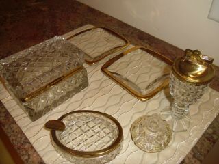 Rare Vintage Cut Crystal Glass Table Lighter And Cigarette Holder Set & Ashtray