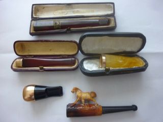 5 Good Vintage Amber & Gold Cigar / Cigarette Holder C1910