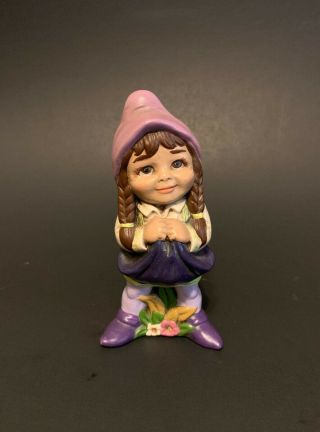 Vintage Hand Painted Ceramic Brunette Girl Gnome Dwarf Elf Pixie Purple Signed