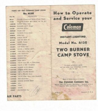 Coleman Instant Lighting Model 413e Two Burner Camp Stove Operation Instructions