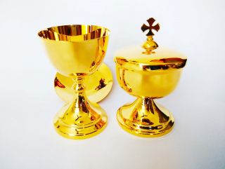 Chalice With Paten & Ciborium Set Brass Gold Plated Holy Religious Gift Usnyb40