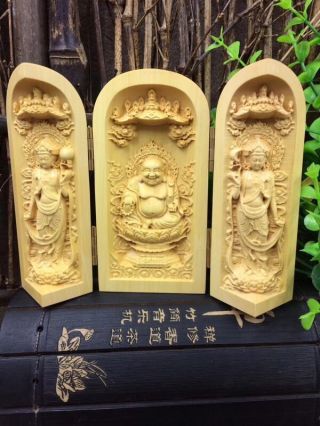 Oriental Vintage Boxwood Handwork Carved Buddha Statue Smiling Face Buddha &