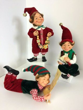 Rare Elf Trio Holiday Christmas Santas Elves Set Of 3 Sitting Standing Laying