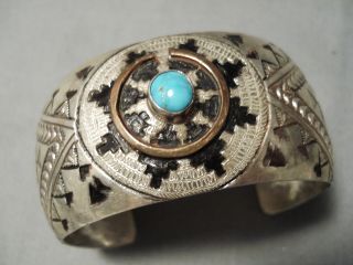 Huge Detailed Vintage Navajo Turquoise Sterling Silver Basket Bracelet