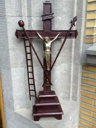 Huge Antique Monastery Pedestal Wood Tools Of Passion Cross Crucifix Metal Jesus