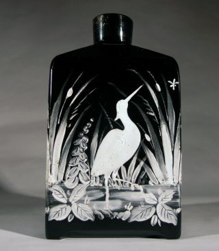 Bohemian Black Milk Glass Hand Painted Dresser Bottle In Mary Gregory Style