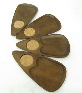 Mid Century Hand Carved Sere Wood Teardrop Snack Trays W Coasters Set Of 4 Japan