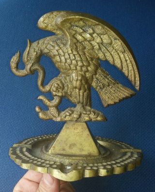 Antique Large Heavy Solid Brass Mexico Coat Of Arms Emblem On Pyramid Ashtray